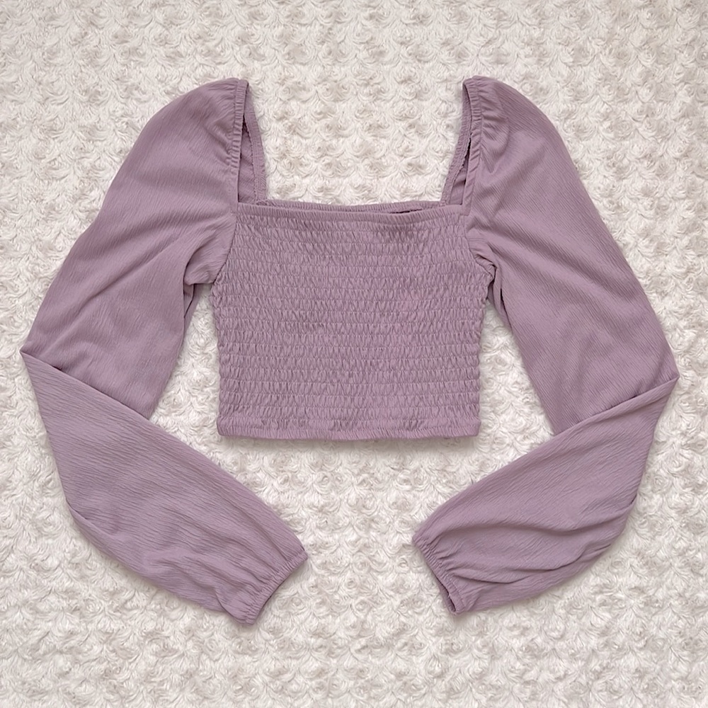 H&M Pastel Purple Smocked Bodice Puff Sleeve Crop Top